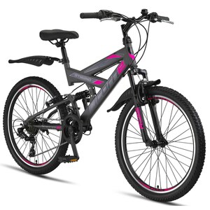 Licorne Bike Strong V Premium Mountainbike in 24 und 26 Zoll - Fahrrad für Jungen, Mädchen, Damen und Herren - Shimano 21 Gang-Schaltung - Vollfederung... 24, Anthrazit/Rosa