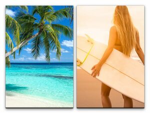 Sinus Art Leinwandbild »2 Bilder je 60x90cm Palme Karibik Surfen Bikini Traumfrau Sommer Traumurlaub«