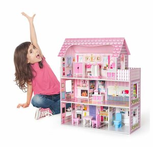 Dedom Puppenhaus »Puppenhaus,Traumvilla,mit 5 Zimmern und 1 Balkon, 9 wunderschön realistischen Plastikmöbeln,Puppenhaus aus Holz,kinderspielzeug für Jungen und Mädchen«