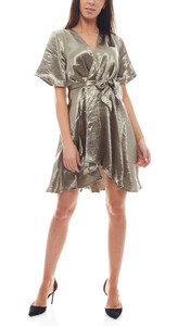 NA-KD Metallic-Kleid in Wickeldesign glänzendes Damen Cocktail-Kleid kurz Grün