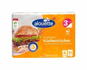 alouette Papierküchenrolle »Premium« (4-St), 3-lagig, weiß, trocken & nass verwendbar mit Fett-Weg-Formel, 51 Blatt/Rolle