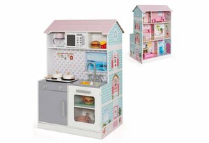 COSTWAY Puppenhaus »2 in 1 Puppenhaus & Kinderküche«, 2 in 1, mit realistischem Sound & Licht, 3-stöckiges