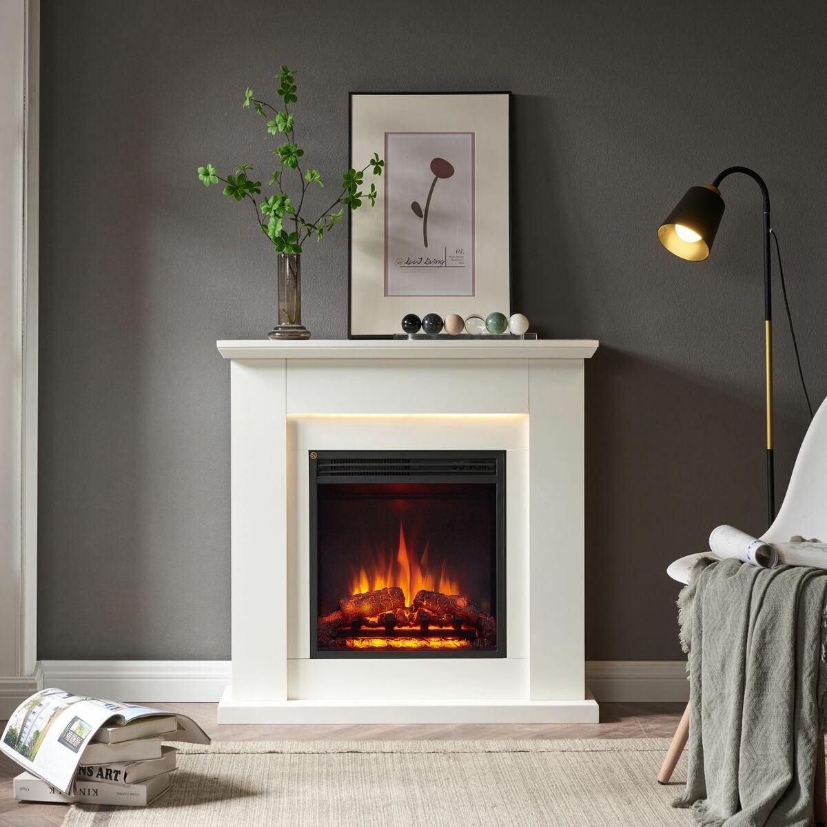 Bild 1 von CrownFlame Pandora Elektrokamin - Elektrischer Standkamin mit Heizung 1000/2000 W weiß realistischer 3D-Flammeneffekt, LED-Beleuchtung