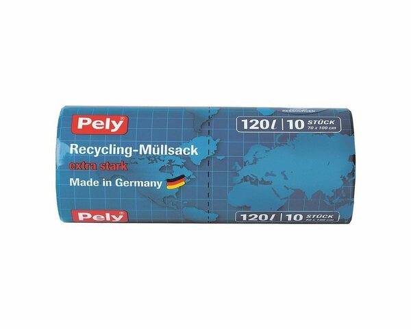 Bild 1 von PELY Müllbeutel, 10 Stück/ Rolle, mit Zugband, 120 Liter, blau, extra stark, reißfest, 98% Recyclingfolie