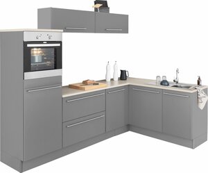 OPTIFIT Winkelküche »Bern«, mit E-Geräten, Stellbreite 265 x 175 cm, mit höhenverstellbaren Füßen, gedämpfte Türen und Schubkästen, Metallgriffe