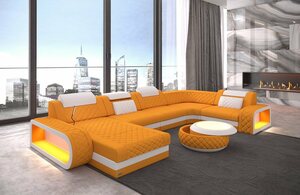 Sofa Dreams Wohnlandschaft »Berlin M«, U Form Stoffsofa mit LED, wahlweise mit Bettfunktion als Schlafsofa, Designersofa