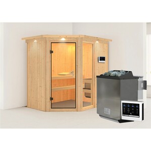 Woodfeeling Sauna-Set Freyja 1 inkl. Bio-Ofen 9 kW mit ext. Steuerung, Dachkranz