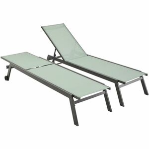 Set mit 2 ELSA Sonnenliegen aus anthrazitfarbenem Aluminium und Textilene in graugrün, Liegestühle mit mehreren Positionen und Rädern