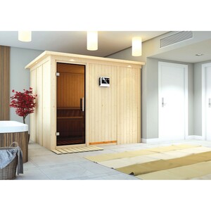 Woodfeeling Sauna Gunda inkl. Bio-Ofen 9 kW m. ext. Steuerung, Dachkranz, Tür Gr