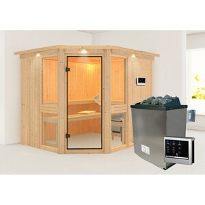 Woodfeeling Sauna-Set Anina 3 inkl. 9 kW Edelstahl-Ofen mit ext. Steuerung, Dach