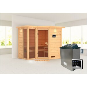 Woodfeeling Sauna-Set Amalia inkl. Ofen 9 kW mit ext. Steuerung, Dachkranz