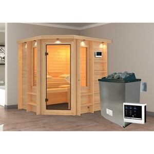 Woodfeeling Sauna-Set Caya inkl. Edelstahl-Ofen 9 kW mit ext. Steuerung, Dachkra