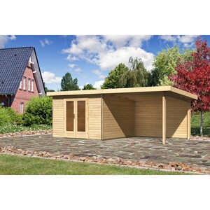 Karibu Holz-Gartenhaus Norrköping 1 Naturbelassen 664 cm x 360 cm mit Anbaudach