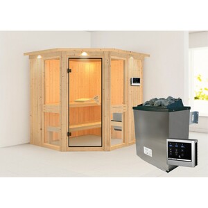 Woodfeeling Sauna-Set Anina 1 inkl. Ofen 9 kW mit ext. Steuerung, Dachkranz
