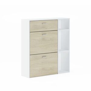 Schuhregal WIND, Strukturfarbe Weiß, Puccini-Farbe in den 2 Schwingtüren und Schublade, Maße 90x26x101,5cm hoch.