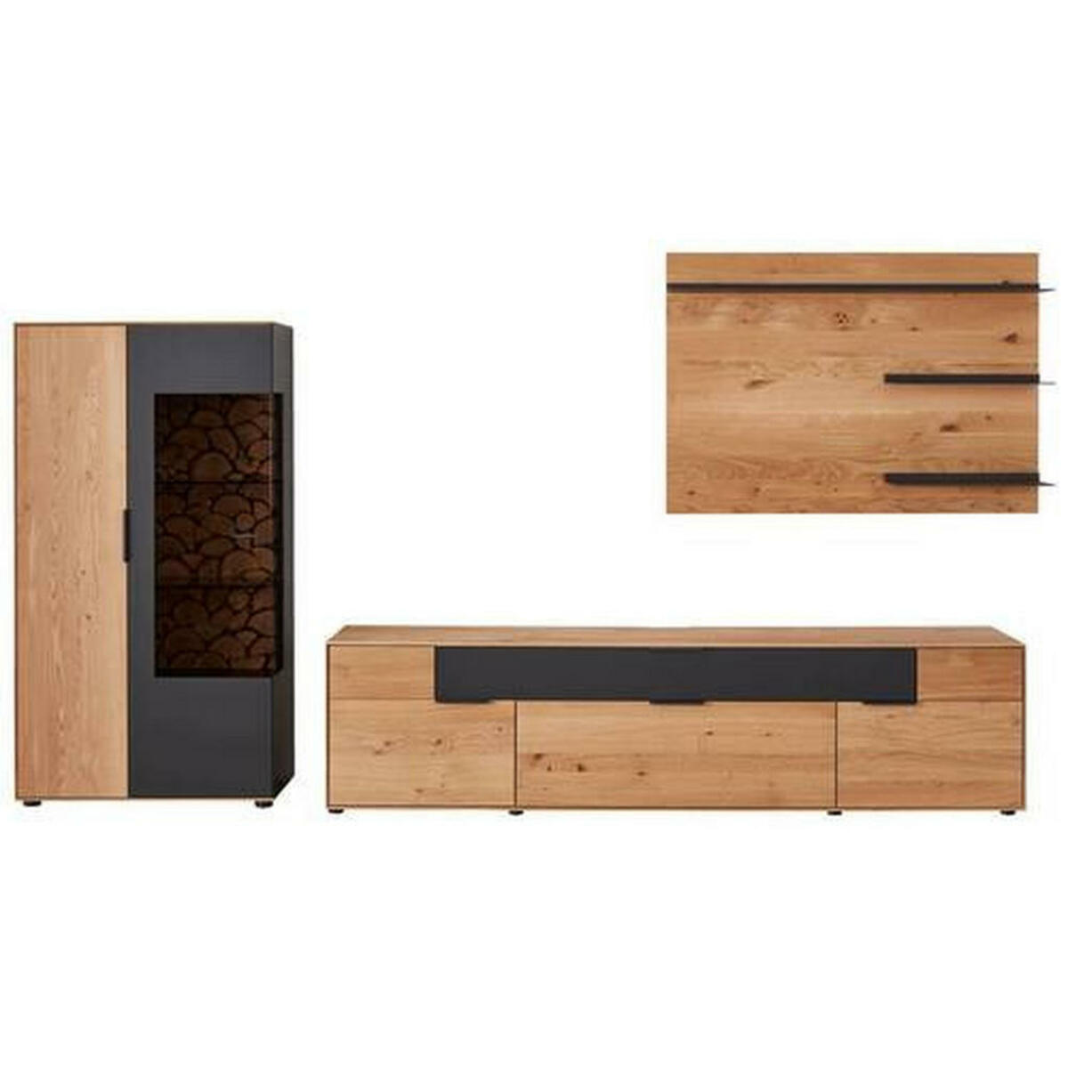 Bild 1 von Escando Natürlich Wo Wohnwand, Schwarz, Eiche, Metall, Wildeiche, massiv, 6 Fächer, 2 Schubladen, 321.4x172x45.2 cm, EN 71, Typenauswahl, Beimöbel erhältlich, umfangreiches Zubehör erhältlich,