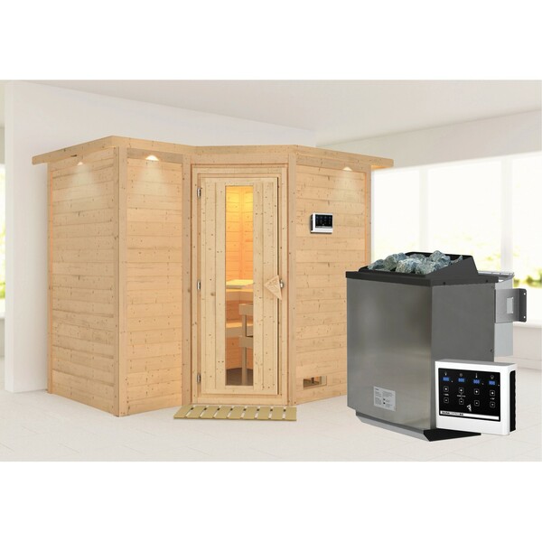 Bild 1 von Woodfeeling Sauna Steena 2 inkl. Bio-Ofen 9 kW ext. Strg., Dachkranz, Energiespa