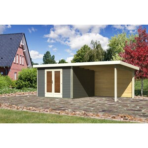 Karibu Holz-Gartenhaus Norrköping 1 Terragrau 664 cm x 360 cm mit Anbaudach