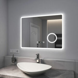 Badspiegel mit Beleuchtung, Beschlagfrei Lichtspiegel Wandspiegel 80x60 cm mit Touch, Uhr, 3-fach Lupe, 3 Lichtfarbe (Modell M) - 80x60cm |