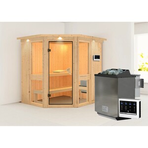 Woodfeeling Sauna-Set Anina 1 inkl. Bio-Ofen 9 kW mit ext. Steuerung, Dachkranz