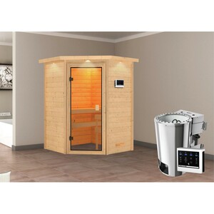 Woodfeeling Sauna Antonia inkl. 3,6 kW Bio-Ofen mit ext. Strg., LED-Dachkranz