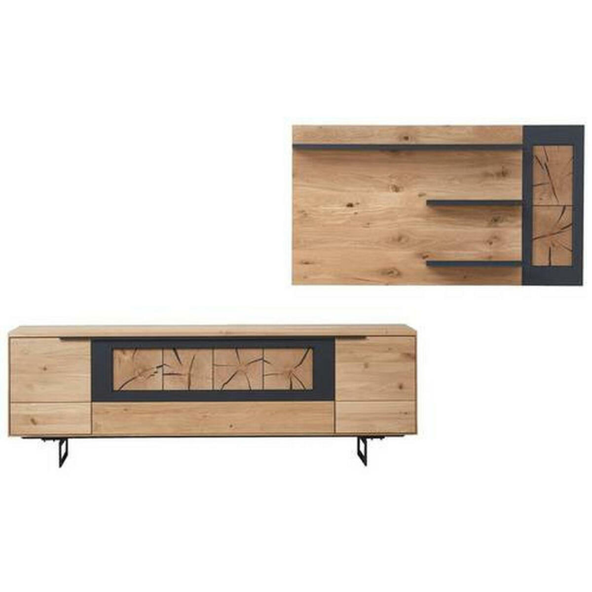 Bild 1 von Escando Natürlich Wo Wohnwand, Schwarz, Eiche, Metall, Wildeiche, massiv, 1 Schubladen, 253.5x169.8x45.2 cm, EN 71, Typenauswahl, Beimöbel erhältlich, umfangreiches Zubehör erhältlich, Wohnzimme