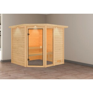Woodfeeling Sauna Tabea mit Eckeinstieg, Glastür Bronziert, LED-Dachkranz