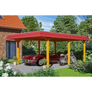 Skan Holz Carport Wendland Eiche hell 409 x 628 cm EPDM-Dach Blende Rot
