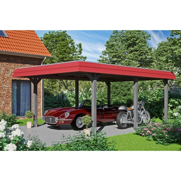 Bild 1 von Skan Holz Carport Wendland Schiefergrau 409 x 628 cm EPDM-Dach Blende Rot