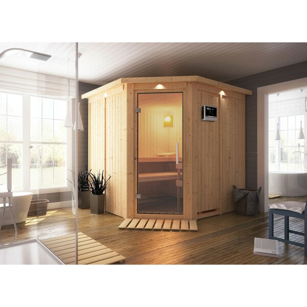 Bild 1 von Woodfeeling Sauna Jorma, Ofen, externe Steuerung Easy, Glastür, LED-Dachkranz