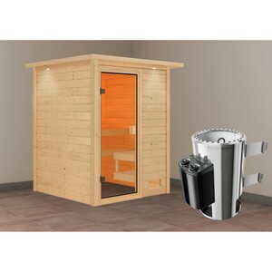 Woodfeeling Sauna Sandra inkl. 3,6 kW Ofen mit integr. Strg., LED-Dachkranz
