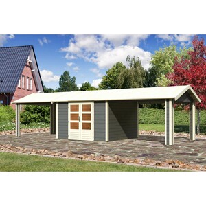 Karibu Holz-Gartenhaus Timra 7 Terragrau 947 cm x 348 cm mit Anbaudach