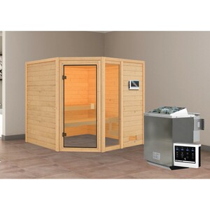 Woodfeeling Sauna Tabea inkl. 9 kW Bio-Ofen mit ext. Strg., Glastür Bronziert
