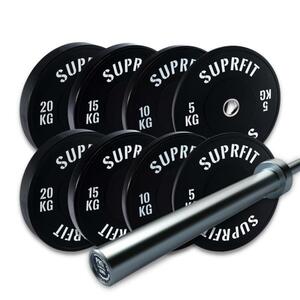 Suprfit Econ Bumper Plates White Logo Set, 100 kg Set Pro Training Bar - 20 kg