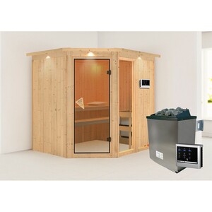Woodfeeling Sauna Freyja 2 inkl. Edelstahl-Ofen 9 kW mit ext. Steuerung, Dachkra