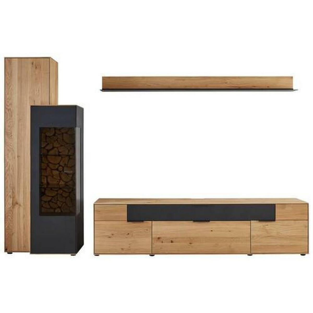 Bild 1 von Escando Natürlich Wo Wohnwand, Schwarz, Eiche, Metall, Wildeiche, massiv, 6 Fächer, 2 Schubladen, 299.3x195.9x45.2 cm, EN 71, Typenauswahl, Beimöbel erhältlich, umfangreiches Zubehör erhältlich