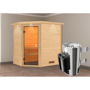 Woodfeeling Sauna Jella inkl. 3,6 kW Ofen mit integr. Strg., LED-Dachkranz