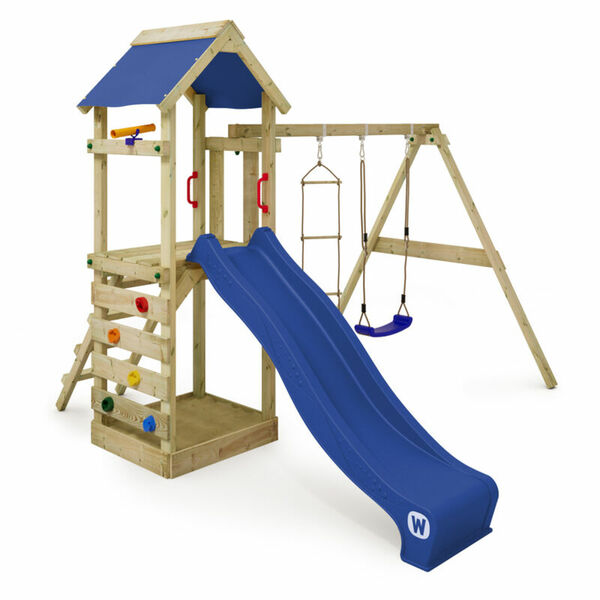 Bild 1 von WICKEY Spielturm Klettergerüst FreeFlyer mit Schaukel & blauer Rutsche, Kletterturm mit Sandkasten, Leiter & Spiel-Zubehör