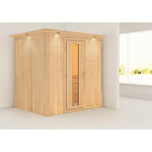 Woodfeeling Sauna Bjarne naturbelassen mit Dachkranz und Energiespartür