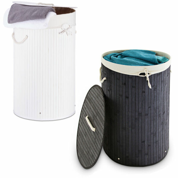 Bild 1 von 2 x Wäschekorb rund im Set, Wäschetrennsystem aus Bambus, Wäschesammler mit herausnehmbarem Wäschesack, je 80 L, schwarz und weiß