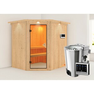 Woodfeeling Sauna-Set Livia inkl. Bio-Ofen 3,6 kW mit ext. Steuerung, Dachkranz