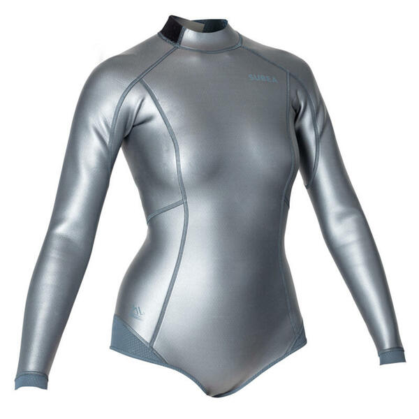 Bild 1 von Neopren Shorty Freediving Langarm Damen 500 Glide Skin grau/metallic