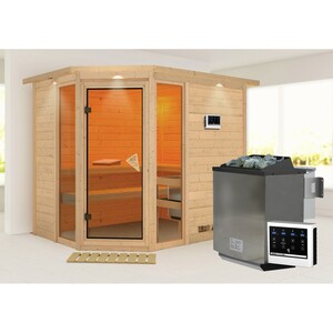 Woodfeeling Sauna Sanna 3 inkl. Edelstahl-Bio-Ofen 9 kW mit ext. Steuerung, Dach