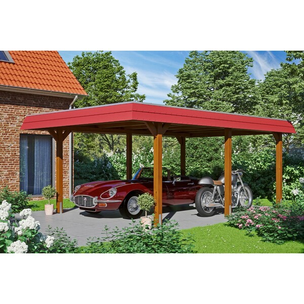 Bild 1 von Skan Holz Carport Wendland Nussbaum 409 x 628 cm EPDM-Dach Blende Rot