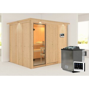 Woodfeeling Sauna Gunda, Bio-Ofen, externe Steuerung Easy, Glastür, LED-Dachkran