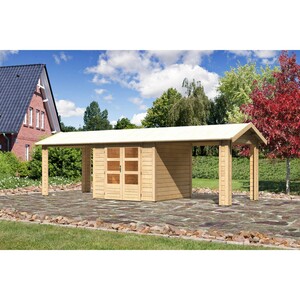 Karibu Holz-Gartenhaus Timra 3 Naturbelassen 767 cm x 288 cm mit Anbaudach