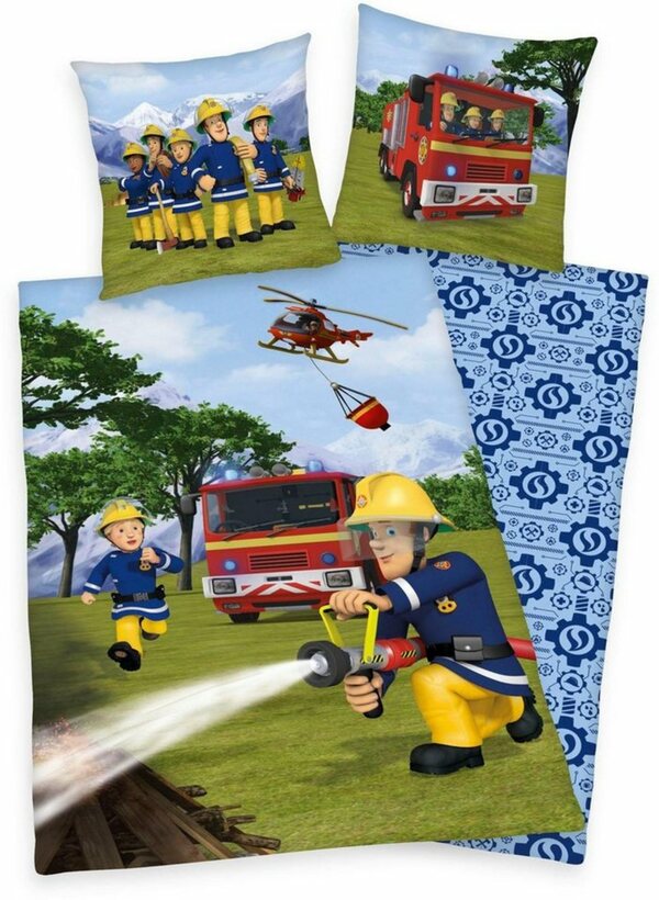 Bild 1 von Kinderbettwäsche Feuerwehrmann Sam, Feuerwehrmann Sam, Renforcé, 2 teilig, mit Löschzug und Helikopter