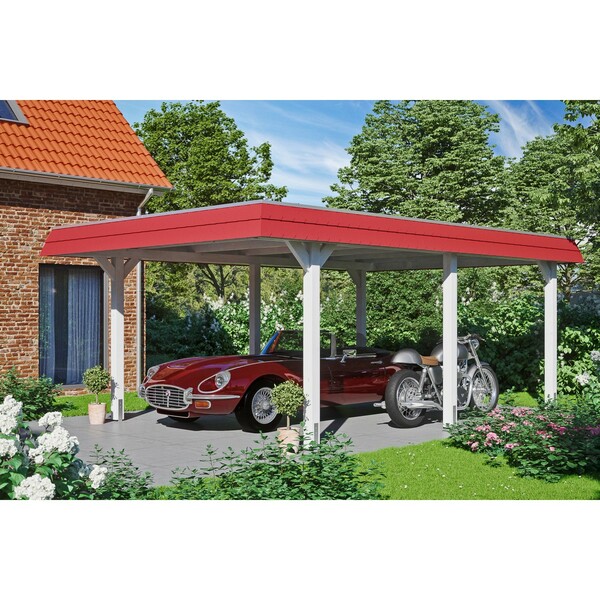 Bild 1 von Skan Holz Carport Wendland Weiß 409 x 628 cm EPDM-Dach Blende Rot