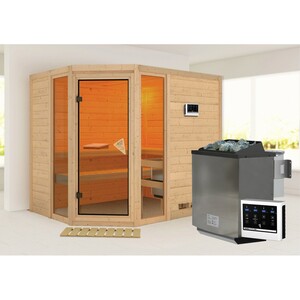 Woodfeeling Sauna-Set Sanna 3 Set inkl. Edelstahl-Bio-Ofen 9 kW mit ext. Steueru