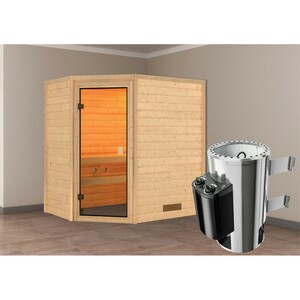 Woodfeeling Sauna Jella inkl. 3,6  kW Ofen mit integr. Strg., Glastür Bronziert